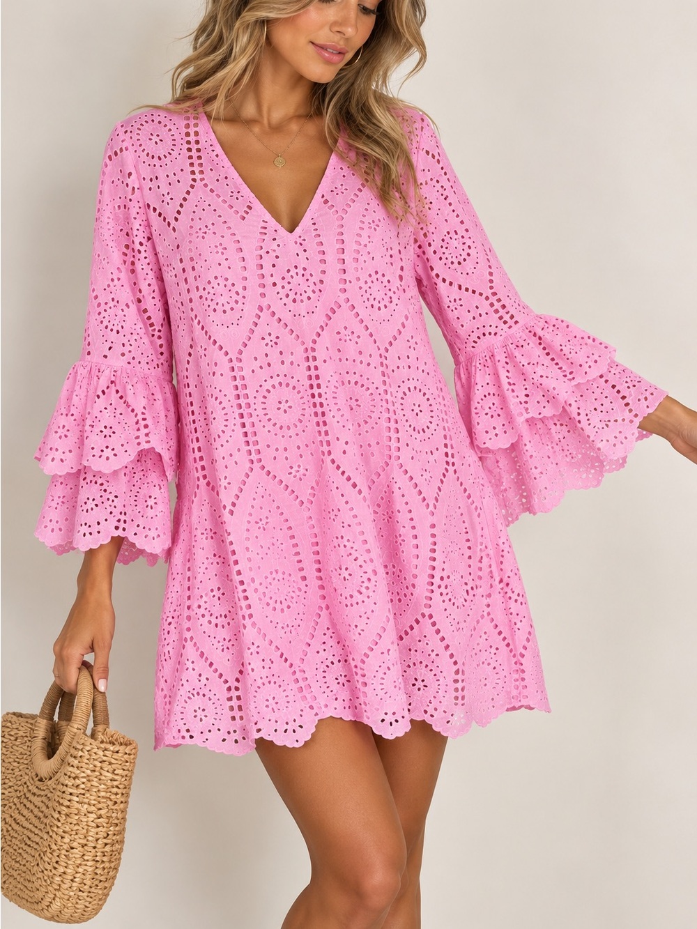 Boston Proper Pink Cotton Eyelet Lace Bell Sleeve Mini Dress Size M